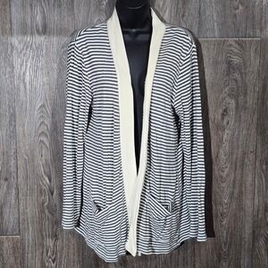 LAUREN Ralph Lauren Grey White Striped Cardigan Womens XL Long Sleeve Open Front